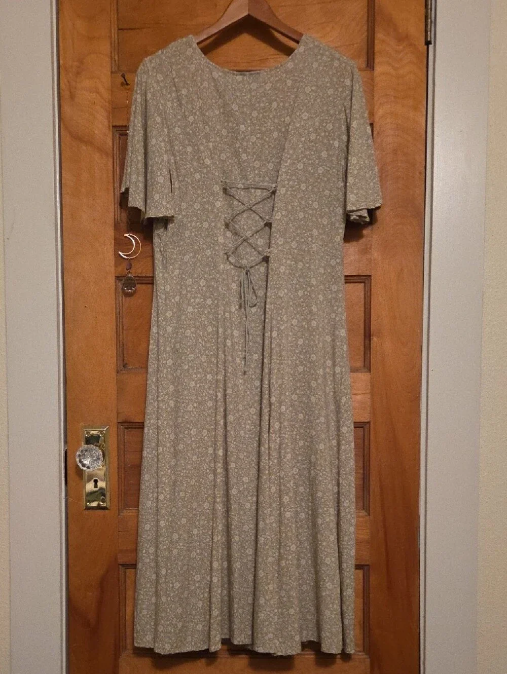 Vintage 80's Tie-Back Button-Front Maxi Dress, Olive & Cream Micro-Floral Paisly